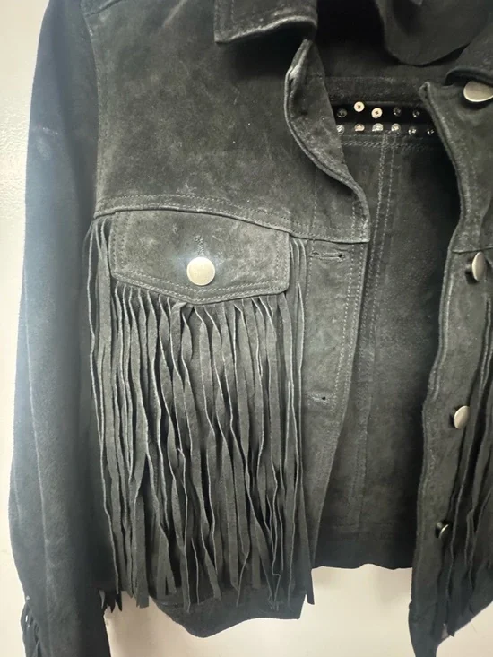 Forever 21 Black Suede Fringe Jacket Spiked Cowgirl Western Festival Punk Small - Picture 7 of 15